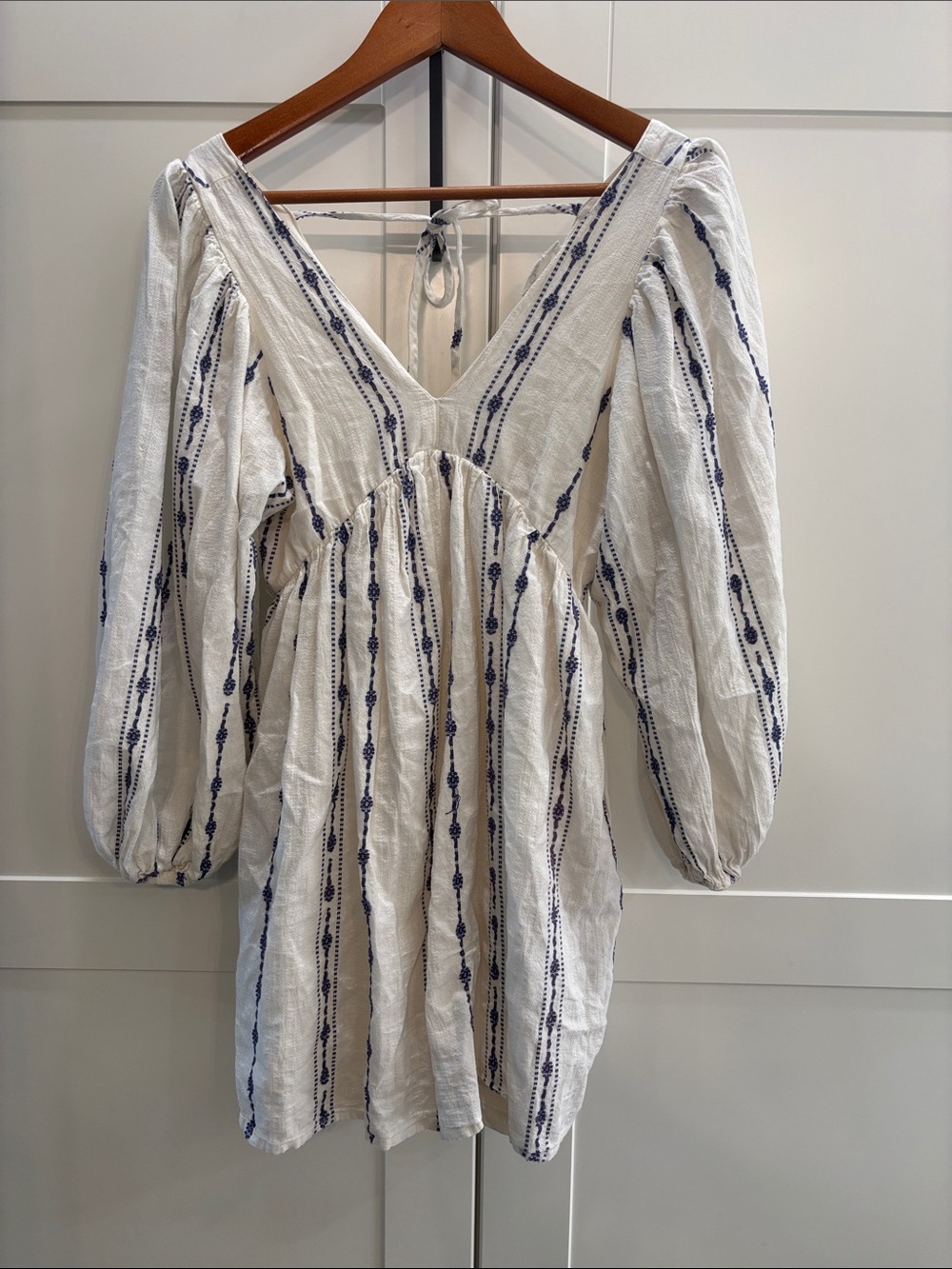 White Tunic Dress with Blue Stripe Embroidery